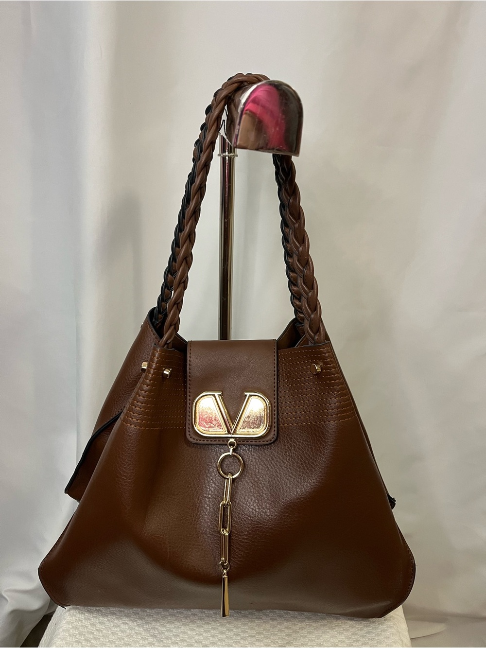 Braided-Handle Brown Hobo Bag with V Gold Detail